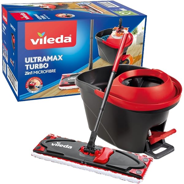Set complet de mop de podea Vileda Ultramax Turbo 2in1, mop cu maner telescopic, capac din microfibra si galeata cu power spinner, pentru toate podelele dure, lungime maner 75-130cm, ambalaj eco