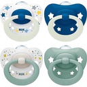 Manechin NUK Space Day & Night, 18-36 luni, Manechin care strălucește în întuneric cu deschideri suplimentare pentru pielea sensibilă, silicon fără BPA, zebră și oaie, pachet de 4