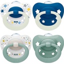 Manechin NUK Space Day & Night, 18-36 luni, Manechin care strălucește în întuneric cu deschideri suplimentare pentru pielea sensibilă, silicon fără BPA, zebră și oaie, pachet de 4