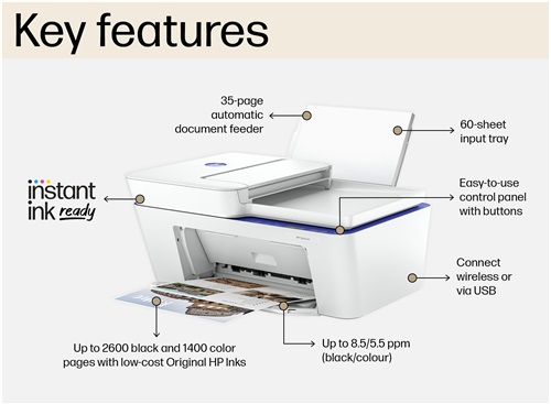 Imprimantă multifuncțională HP DeskJet 4220e, 3 luni de imprimare gratuită cu cerneală HP Instant inclusă, HP+, imprimantă, copiator, scaner, expediere fax mobil, WiFi, alimentator automat de documente, alb