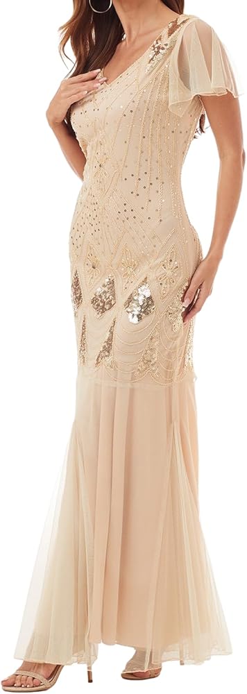 Rochie lungă de damă Gatsby cu franjuri roșu roz roșu din anii 1920 Mărimea femeilor Costum de petrecere Art Deco cu paiete din anii 1920 (aur roz, EU 38)