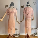 Rochie lungă de damă Gatsby cu franjuri roșu roz roșu din anii 1920 Mărimea femeilor Costum de petrecere Art Deco cu paiete din anii 1920 (aur roz, EU 38)