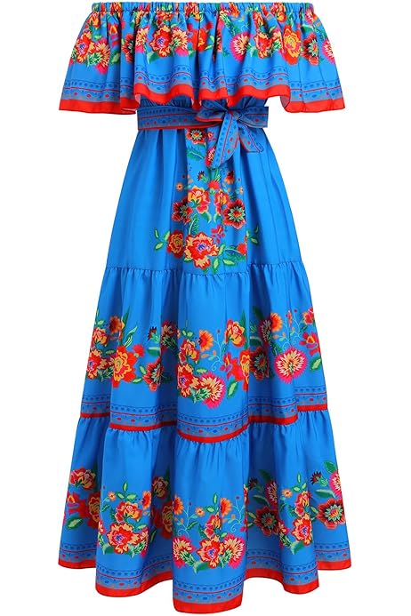 IWEMEK Rochie mexicană pentru femei, cu volan, rochie lungă, florală, fără umeri, cu centură, vară, boho, Cinco de Mayo, pentru festivalul Ziua Morților, rochie de petrecere de carnaval de Halloween