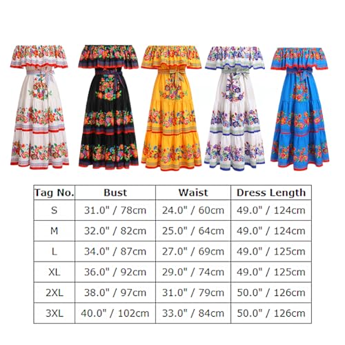 IWEMEK Rochie mexicană pentru femei, cu volan, rochie lungă, florală, fără umeri, cu centură, vară, boho, Cinco de Mayo, pentru festivalul Ziua Morților, rochie de petrecere de carnaval de Halloween