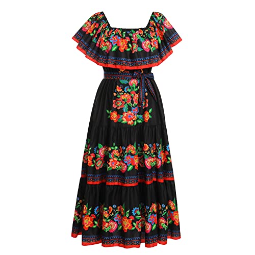 IWEMEK Rochie mexicană pentru femei, cu volan, rochie lungă, florală, fără umeri, cu centură, vară, boho, Cinco de Mayo, pentru festivalul Ziua Morților, rochie de petrecere de carnaval de Halloween