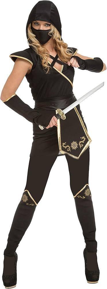 Leg Avenue 85629 Set 3 piese Stealth Ninja, costum de carnaval pentru femei, L, negru/auriu