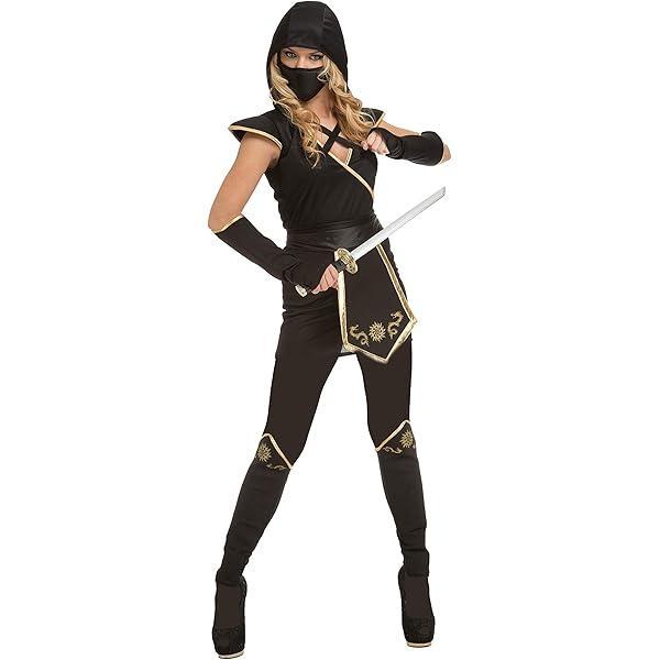 Leg Avenue 85629 Set 3 piese Stealth Ninja, costum de carnaval pentru femei, L, negru/auriu