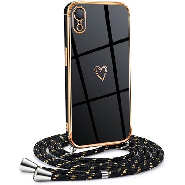 Lanț pentru telefoane mobile Mkej Femei Fete Compatibil cu iPhone XR - Husă din silicon cu curea - Husă pentru telefon mobil pentru iPhone XR Heart Love Design Electroplating - Husă cu cablu în negru auriu