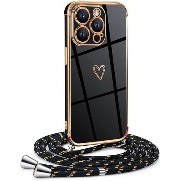 Lanț pentru telefoane mobile Mkej Femei Fete Compatibil cu iPhone XR - Husă din silicon cu curea - Husă pentru telefon mobil pentru iPhone XR Heart Love Design Electroplating - Husă cu cablu în negru auriu