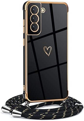 Lanț pentru telefoane mobile Mkej Femei Fete Compatibil cu iPhone XR - Husă din silicon cu curea - Husă pentru telefon mobil pentru iPhone XR Heart Love Design Electroplating - Husă cu cablu în negru auriu