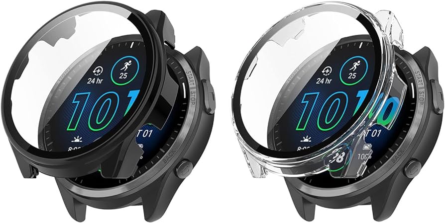 Miimall compatibilă cu Garmin Forerunner 965 Husă cu protector de ecran din sticlă, carcasă de protecție dură pentru computer cu protecție completă, rezistentă la zgârieturi, pentru Garmin Forerunner 965 - negru