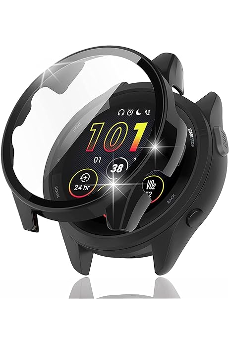Miimall compatibilă cu Garmin Forerunner 965 Husă cu protector de ecran din sticlă, carcasă de protecție dură pentru computer cu protecție completă, rezistentă la zgârieturi, pentru Garmin Forerunner 965 - negru