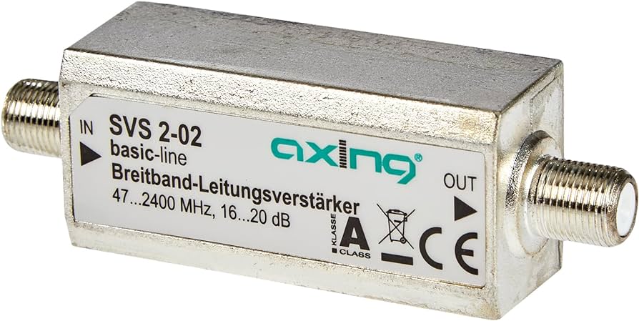 Amplificator de linie prin satelit Axing SVS 2-02 în bandă largă în linie (20 dB, 47 - 2400 MHz)