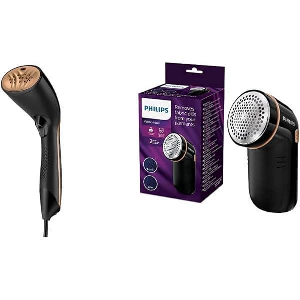 Eliminator de scame Philips pentru toate hainele, îndepărtează încurcăturile mici, 2 setări de înălțime, funcționează cu baterie (2 baterii Philips AA incluse), 8 x 12,3 x 5,8 cm, negru-auriu (GC026/80)