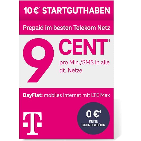Cartelă SIM Telekom MagentaMobil Prepaid Basic | 9ct pe minut/SMS către toate rețelele germane | 10 EUR credit de pornire | Fără obligații contractuale controlez total costurile