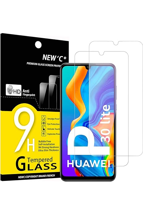 NEW'C 2 Piese, Protector de ecran pentru Huawei P30 Lite, Nova 4e, Sticla securizata Anti-zgarieturi, Anti-Amprenta, Fara bule, Duritate 9H, 0,33 mm Ultra Transparenta, Ultra Rezistenta