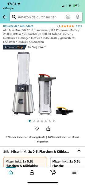 Mixer AEG MiniMixer SB 2700 / motor 0,4 CP / 23.000 rpm / 2 sticle Tritan rezistente la rupere de 600 ml / pachet de gheață / cuțit cu 4 lame / buton puls / oțel inoxidabil periat / Exclusiv Amazon