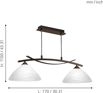 Lampă suspendată EGLO Vinovo, lampă suspendată cu 2 becuri, vintage, rustică, suspendată din oțel și sticlă alabastru de culoare maro închis, alb, lampă de masă, lampă de sufragerie suspendată cu dulie E27 [Clasa de energie D]