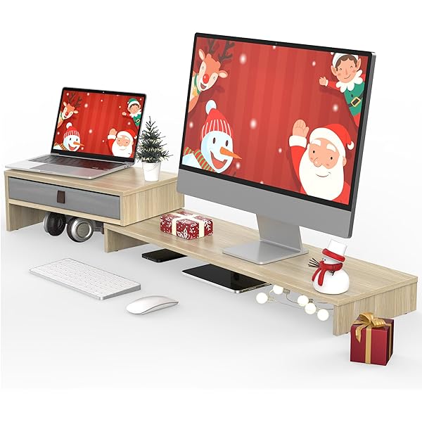 Suport pentru monitor dublu Fenge, suport pentru ecran, picioare din plută ecologică pentru computer, televizor, laptop, suport pentru monitor, 108x23,5x11,6 cm, capacitate de încărcare 45 kg, stejar