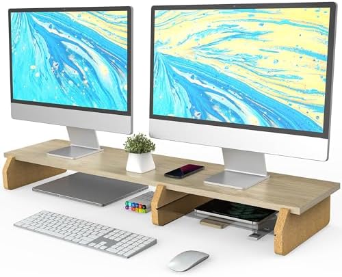 Suport pentru monitor dublu Fenge, suport pentru ecran, picioare din plută ecologică pentru computer, televizor, laptop, suport pentru monitor, 108x23,5x11,6 cm, capacitate de încărcare 45 kg, stejar