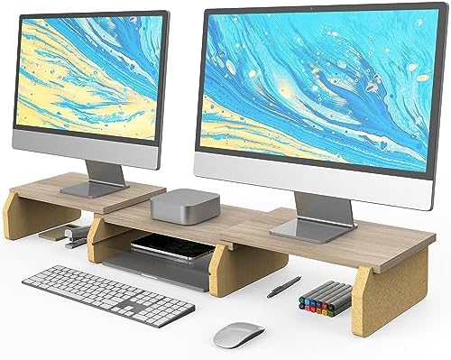Suport pentru monitor dublu Fenge, suport pentru ecran, picioare din plută ecologică pentru computer, televizor, laptop, suport pentru monitor, 108x23,5x11,6 cm, capacitate de încărcare 45 kg, stejar