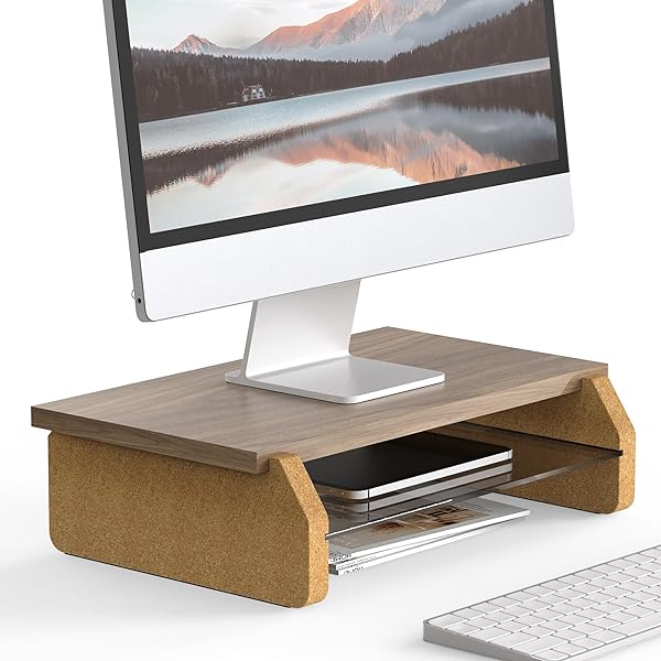 Suport pentru monitor dublu Fenge, suport pentru ecran, picioare din plută ecologică pentru computer, televizor, laptop, suport pentru monitor, 108x23,5x11,6 cm, capacitate de încărcare 45 kg, stejar