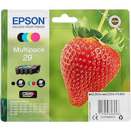 Epson Original 29 Tinte Erdbeere, XP-235 XP-332 XP-335 XP-432 XP-435 XP-245 XP-342 XP-345 XP-442 XP-445 XP-247 XP-257 XP-255 XP-352 XP- 355 XP-452 XP-455, (pachet multiplu 4-farbig)