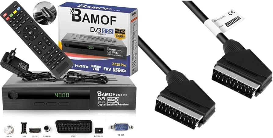 Bamof 2225 PRO Receptor satelit Receptor digital prin satelit (HDTV, DVB-S / DVB-S2, HDMI, SCART, 2X USB, Full HD 1080p) [Preprogramat pentru Astra, Hotbird și Türksat] + cablu HDMI