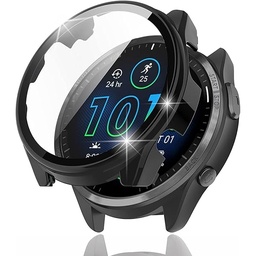 Miimall compatibilă cu Garmin Forerunner 965 Husă cu protector de ecran din sticlă, carcasă de protecție dură pentru computer cu protecție completă, rezistentă la zgârieturi, pentru Garmin Forerunner 965 - negru