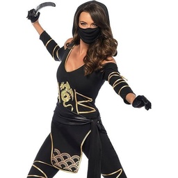 Leg Avenue 85629 Set 3 piese Stealth Ninja, costum de carnaval pentru femei, L, negru/auriu
