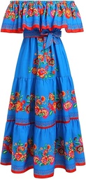 IWEMEK Rochie mexicană pentru femei, cu volan, rochie lungă, florală, fără umeri, cu centură, vară, boho, Cinco de Mayo, pentru festivalul Ziua Morților, rochie de petrecere de carnaval de Halloween