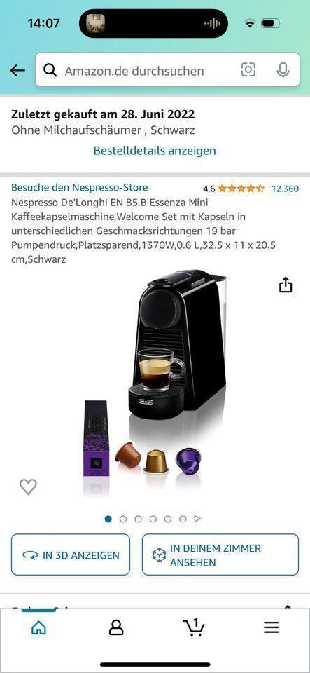 Aparat de cafea cu capsule Nespresso De'Longhi EN 85.B Essenza Mini, set de bun venit cu capsule in diferite arome, presiune pompa 19 bar, economie de spatiu, 1370W, 0,6 L, 32,5 x 11 x 20,5 cm, negru