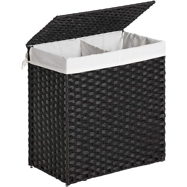 Cos de rufe SONGMICS cu capac, cos de rufe 110 litri, 2 compartimente, geanta de rufe detasabila cu manere, tesuta manual, pentru dormitor, baie, 33 x 57 x 60 cm, negru LCB252B01