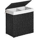 Cos de rufe SONGMICS cu capac, cos de rufe 110 litri, 2 compartimente, geanta de rufe detasabila cu manere, tesuta manual, pentru dormitor, baie, 33 x 57 x 60 cm, negru LCB252B01