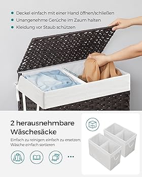 Cos de rufe SONGMICS cu capac, cos de rufe 110 litri, 2 compartimente, geanta de rufe detasabila cu manere, tesuta manual, pentru dormitor, baie, 33 x 57 x 60 cm, negru LCB252B01
