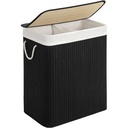 Cos de rufe SONGMICS cu capac, cos de rufe 110 litri, 2 compartimente, geanta de rufe detasabila cu manere, tesuta manual, pentru dormitor, baie, 33 x 57 x 60 cm, negru LCB252B01