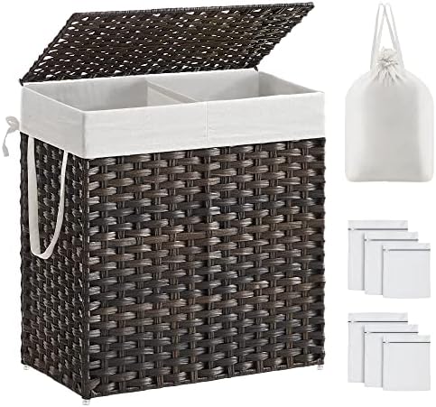 Cos de rufe SONGMICS cu capac, cos de rufe 110 litri, 2 compartimente, geanta de rufe detasabila cu manere, tesuta manual, pentru dormitor, baie, 33 x 57 x 60 cm, negru LCB252B01