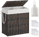 Cos de rufe SONGMICS cu capac, cos de rufe 110 litri, 2 compartimente, geanta de rufe detasabila cu manere, tesuta manual, pentru dormitor, baie, 33 x 57 x 60 cm, negru LCB252B01