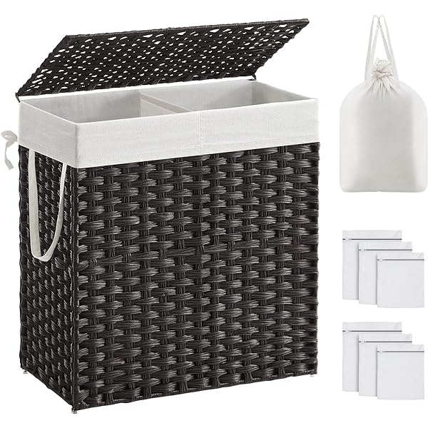 Cos de rufe SONGMICS cu capac, cos de rufe 110 litri, 2 compartimente, geanta de rufe detasabila cu manere, tesuta manual, pentru dormitor, baie, 33 x 57 x 60 cm, negru LCB252B01