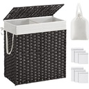 Cos de rufe SONGMICS cu capac, cos de rufe 110 litri, 2 compartimente, geanta de rufe detasabila cu manere, tesuta manual, pentru dormitor, baie, 33 x 57 x 60 cm, negru LCB252B01