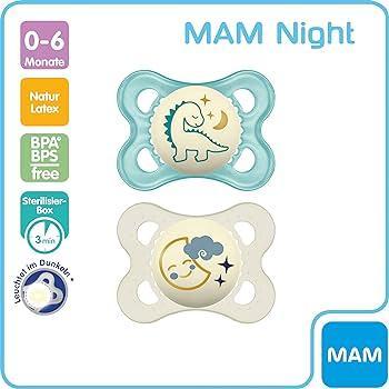 MAM Original Night S177 Manechin din latex care strălucește în întuneric cu tetina din latex pentru 16+ luni, neutru (pachet de 2) cu cutie de sterilizare automată, versiune în spaniolă