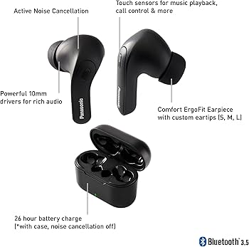 Căști Bluetooth Panasonic RZ-S300WE-K True fără fir, ultracompacte, control vocal, fără fir, până la 30 de ore de viață a bateriei
