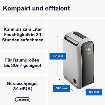 De'Longhi Tasciugo AriaDry Light DNS65, dezumidificator pentru casa, indeparteaza 6 litri de umezeala pe zi, functie spalare rufe, timer 8h, tehnologie Zeolite, 34 decibeli, 520W, gri
