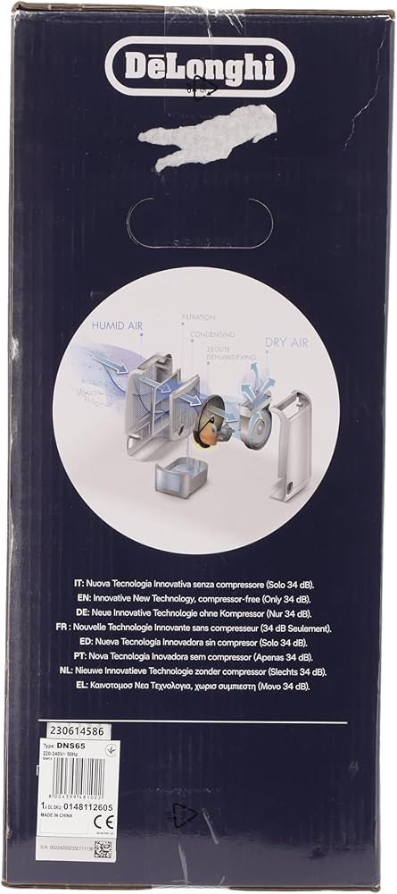De'Longhi Tasciugo AriaDry Light DNS65, dezumidificator pentru casa, indeparteaza 6 litri de umezeala pe zi, functie spalare rufe, timer 8h, tehnologie Zeolite, 34 decibeli, 520W, gri