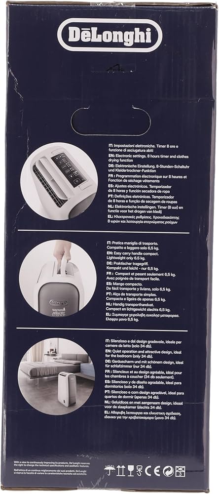 De'Longhi Tasciugo AriaDry Light DNS65, dezumidificator pentru casa, indeparteaza 6 litri de umezeala pe zi, functie spalare rufe, timer 8h, tehnologie Zeolite, 34 decibeli, 520W, gri