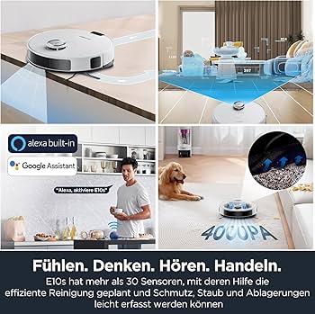 Robot de aspirare și ștergere EUREKA E10s DE + stație de aspirare multiciclon fără sac (4000Pa, detectare automată a covoarelor și ridicare automată a mopului, navigare LiDAR, ideal împotriva părului de animale, aplicație și control vocal) alb
