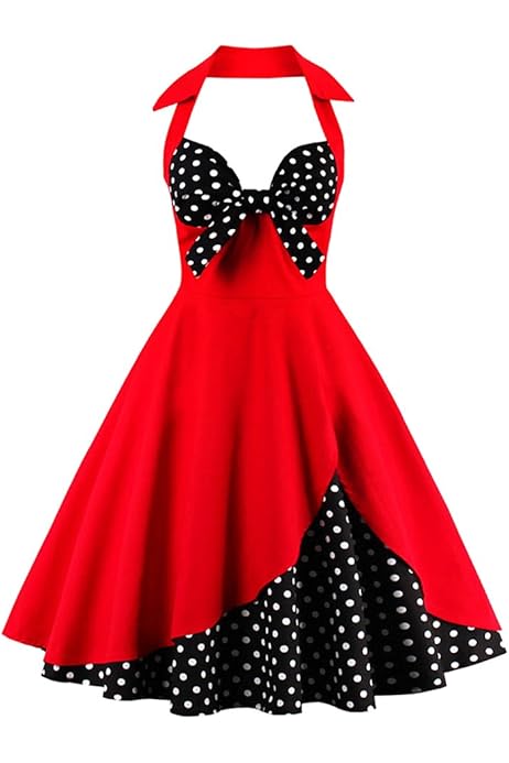 IWEMEK Rochii Rockabilly Retro Vintage Ani 1950 pentru Femei, Elegante de Vară, Jupon până la genunchi, Rochii de seară Rochii de petrecere Rochii de cocktail Fusta plisată Buline roșii