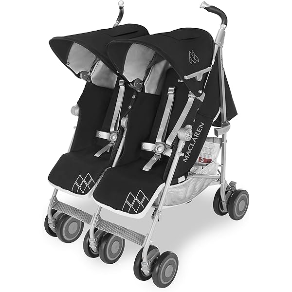 Cărucior Maclaren Twin Techno pentru nou-născuți cu greutatea de până la 15 kg pentru fiecare scaun, ușor și compact, baldachin individual extensibil, impermeabil UPF 50+, scaun rabatabil, husă de ploaie inclusă, negru