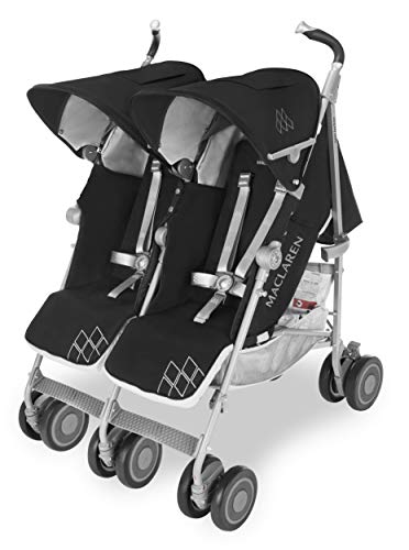 Cărucior Maclaren Twin Techno pentru nou-născuți cu greutatea de până la 15 kg pentru fiecare scaun, ușor și compact, baldachin individual extensibil, impermeabil UPF 50+, scaun rabatabil, husă de ploaie inclusă, negru