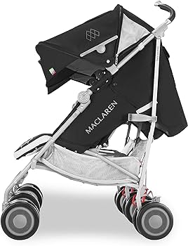 Cărucior Maclaren Twin Techno pentru nou-născuți cu greutatea de până la 15 kg pentru fiecare scaun, ușor și compact, baldachin individual extensibil, impermeabil UPF 50+, scaun rabatabil, husă de ploaie inclusă, negru